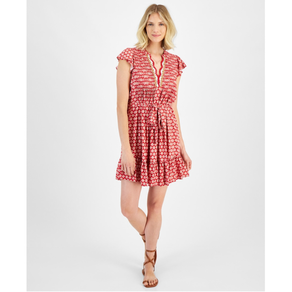 Nautica Jeans Women's Medium Red Crochet-Trim Flutter-Sleeve Mini Dress NWT